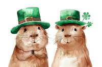 Adorable groundhogs wearing green leprechaun hats with shamrock decorations, watercolor style illustration for St Patrick's Day celebration cards and decor.