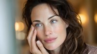 Young brunette woman with natural makeup touching face in warm indoor lighting showcasing skincare and beauty routine for wellness lifestyle content.