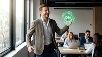 Middle-aged Caucasian male businessman in casual blazer presenting zero percent interest rate symbol to colleagues in modern office meeting room setting.