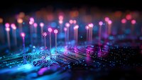 Glowing circuit board with pink and blue neon lights creating futuristic technology landscape, electronic pathways illuminated against dark background for tech concepts.