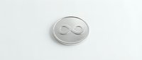Infinity symbol embossed on translucent circular glass or acrylic disc, isolated on white background for design projects and digital applications.
