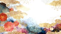 Abstract Asian-inspired art with gold clouds, coral chrysanthemums, and watercolor blue and pink elements on white background for luxury design projects.