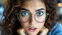 Young woman with bright blue eyes and curly dark hair wearing round glasses looks directly at camera with surprised expression and parted lips.