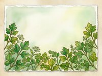 Watercolor herb garden border with parsley, cilantro, and fresh green foliage on aged paper background. Botanical frame for culinary, cooking, and recipe design projects.