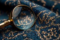 Vintage magnifying glass on dark blue and gold ornate fabric with intricate damask pattern, creating mysterious detective atmosphere. Macro photography.
