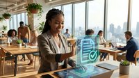 Woman with dark skin tone and braided hair wearing beige blazer working on tablet with holographic checkmark interface in modern office with city skyline view, colleagues collaborating in background.