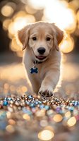 Adorable golden retriever puppy running forward with collar and tag, warm bokeh lights background creating magical atmosphere for pet care and animal concepts.