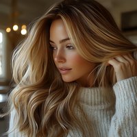 Young Caucasian woman with flowing blonde highlighted hair wearing white knit sweater, natural makeup, and dreamy expression in warm atmospheric lighting.