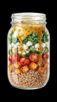 Layered salad jar with fresh vegetables, grains, and dressing isolated on transparent background. Ready for clipart, print-on-demand, t-shirt design, sublimation, and digital crafts.