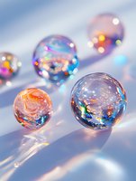Colorful glass marbles with iridescent reflections and magical rainbow effects on light background creating ethereal atmosphere and dreamy bokeh glow.