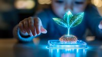 Futuristic holographic plant seedling growing from soil with glowing blue light effect, representing technology innovation and sustainable development.