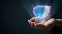 Human hands holding glowing holographic brain with neural networks floating above palms on dark background for AI technology concepts.
