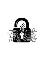 Digital padlock with circuit board connections and pixelated data stream for cybersecurity and data protection concepts on white background.