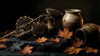 Autumn harvest still life with sunflowers, clay pottery and maple leaves on dark rustic background for seasonal home decor and thanksgiving concepts.