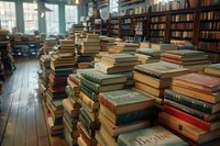 Stacks of vintage hardcover books piled on wooden floor in old library interior with bookshelves and natural window lighting creating atmospheric academic scene.