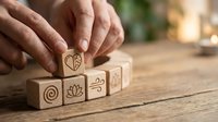 Hands arranging wooden blocks with wellness symbols including heart, lotus flower and spiral on natural wood surface for mindfulness and self-care concepts.