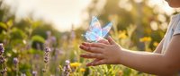 Gentle hands releasing blue butterfly in lavender field during golden hour sunset creating magical moment of freedom and nature connection.