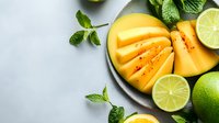 Fresh sliced yellow melon with lime wedges and mint leaves on gray ceramic plate, top view composition with copy space on light background.