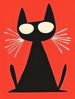 Minimalist black cat silhouette with white whiskers and oval eyes on vibrant red background, stylized geometric design for modern wall art and graphic prints.