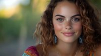 Young woman with long curly brown hair and green eyes wearing dangling earrings, smiling at camera with blurred green background for portrait and lifestyle use.