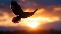 Majestic bird of prey soaring against dramatic sunset sky with spread wings silhouetted by golden sun rays and colorful clouds at dusk.