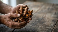 Male hands holding roasted chickpeas on wooden surface, showcasing organic legume snack for healthy eating and nutrition content.