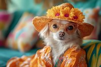 Adorable small white dog wearing orange sun hat with flowers and glasses, dressed in colorful outfit, sitting indoors with bright cheerful background.