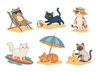 Cartoon cats enjoying summer beach activities, relaxing in chair, playing with ball, surfing, building sandcastle, wearing sunglasses and hat. Isolated clipart for design use.