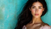 Young Asian woman with long dark hair and natural makeup against turquoise textured background, wearing delicate lace top, soft studio lighting creates romantic mood.