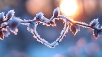 Delicate frost crystals form heart shape on winter branch with soft sunrise bokeh background, creating romantic natural composition in cool blue tones.