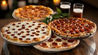 Fresh pepperoni pizzas with crispy crust on rustic wooden table, served with dark beer and herbs in cozy restaurant atmosphere with warm lighting.