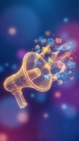 Digital marketing megaphone with glowing communication icons and geometric shapes on vibrant blue purple gradient background for advertising campaigns.