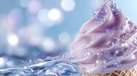 Soft serve ice cream cone with pink swirled topping covered in sparkling water droplets against dreamy bokeh background, macro photography capturing sweet dessert freshness.