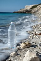 Plastic water bottle on rocky beach with turquoise sea waves and white cliffs in background, highlighting environmental pollution and waste impact on nature.