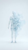Male figure dissolving into ethereal blue smoke and mist against white background, representing transformation, spirituality, and abstract concepts for wellness and meditation designs.