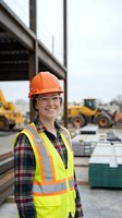 Female construction worker in safety gear smiling at building site with heavy machinery and steel beams in background for industrial workplace concepts.