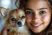 Young Hispanic woman with natural makeup and bright smile poses with adorable long-haired Chihuahua puppy in close-up portrait showing loving bond between pet owner and dog.