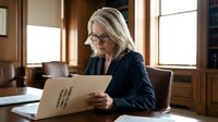 Professional blonde businesswoman with glasses reviewing documents in executive office setting with wooden interior and natural lighting.