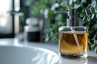 Luxury amber liquid soap dispenser on bathroom counter with eucalyptus plant creating spa-like atmosphere for wellness and self-care routines.