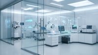 Modern sterile laboratory interior with glass walls, white equipment and clean room technology for medical research and scientific testing.