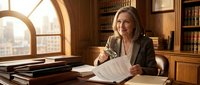 Professional mature Caucasian businesswoman reviewing legal documents in elegant wood-paneled office with city view, corporate executive workspace.