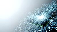 Abstract digital network with glowing fiber optic cables and data streams for technology and communication concepts.