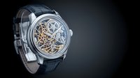 Luxury mechanical watch with exposed skeleton movement and intricate gears on dark background. Premium timepiece showcasing craftsmanship and precision engineering.