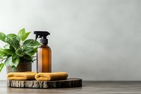 Amber glass spray bottle with eco-friendly cleaning supplies on wooden slice board, fresh green plant in pot against neutral gray wall background.