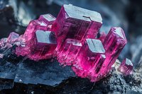 Vibrant pink crystal formation of tourmaline mineral specimen on dark rock matrix showing geometric crystalline structure and natural light reflection in macro photography.