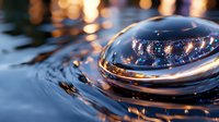 Mesmerizing water drop macro photography with golden bokeh lights reflecting on rippled surface creating magical circular patterns in blue tones.