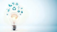 Light bulb with brain inside surrounded by green eco symbols on gradient background representing sustainable innovation and environmental consciousness.