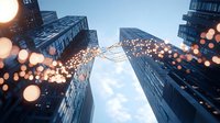 Modern glass skyscrapers viewed from below with decorative string lights creating magical bokeh effect against blue evening sky, urban architecture and festive atmosphere.