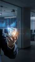 Businessman in dark suit holding glowing shield with gear icon and stock chart, representing cybersecurity, data protection, and financial technology solutions for enterprise business applications.