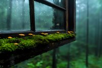 Old wooden window frame covered with green moss in misty forest atmosphere creating moody abandoned building concept for nature reclaiming architecture themes.